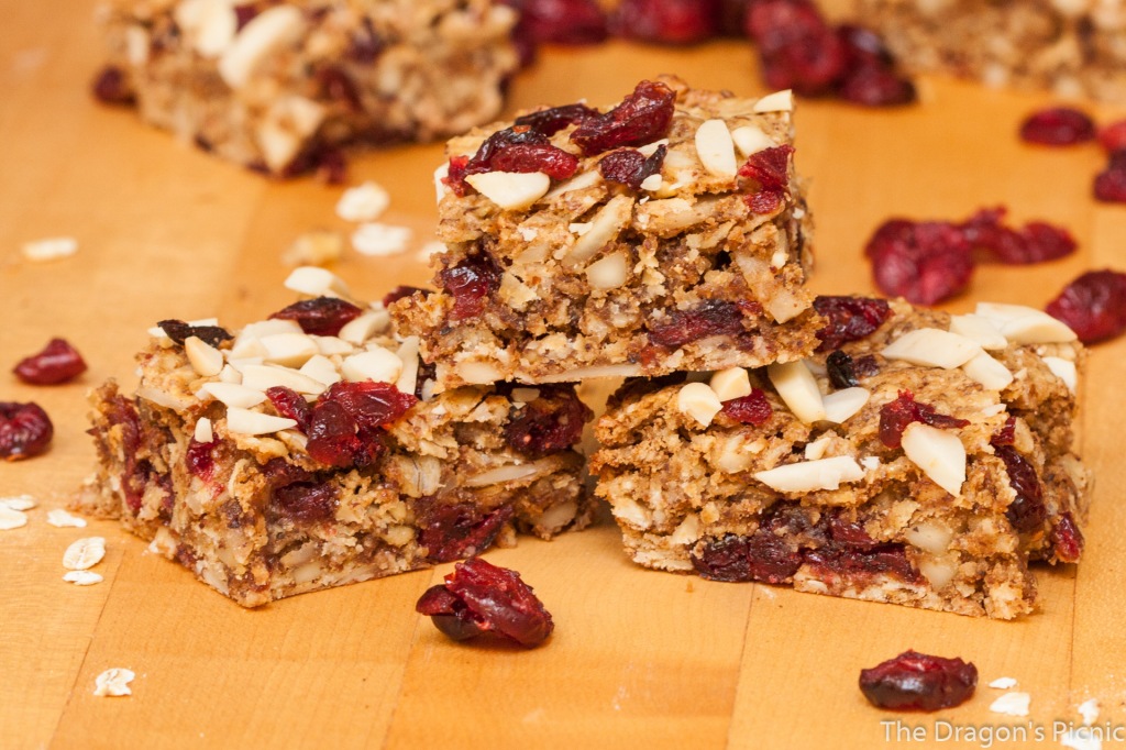 close of cranberry and almond vegan breakfast bars