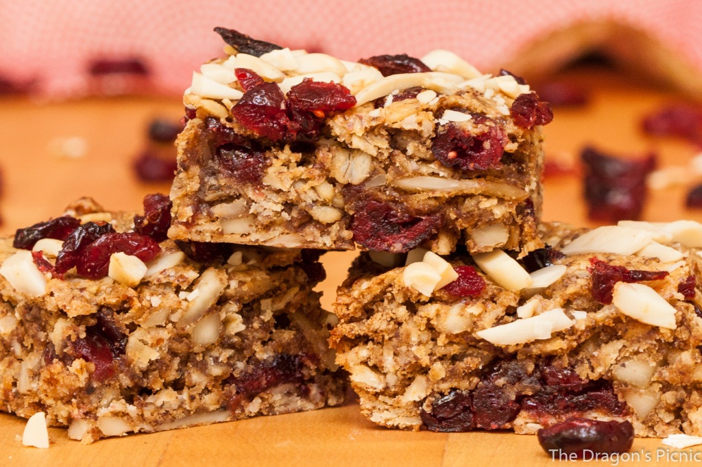 close of cranberry and almond vegan breakfast bars